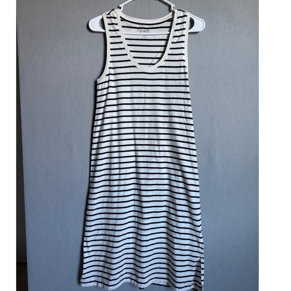 Pact Womens Sm White Navy Striped Organic Cotton Softspun tank Midi Scoop Neck